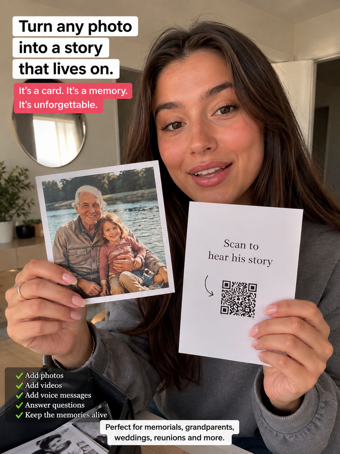 “This looks like a normal card—but scan it and it opens photos, video messages, and stories you can actually ask about.”